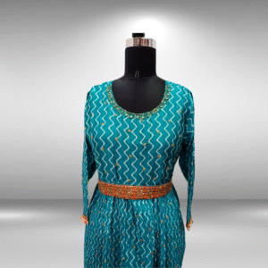 Teal Green Traditional Long Gown with Heritage Print Neel Collection