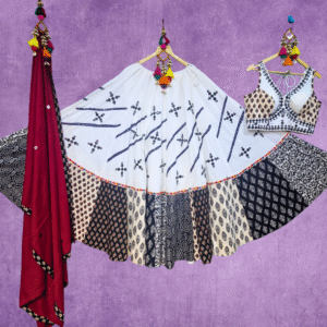 White & Black Ajrakh Print Chaniya Choli with Maroon Dupatta by Neel Collection