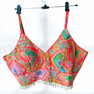 Red Embroidered Silk Blouse with Shell Border by Neel Collection